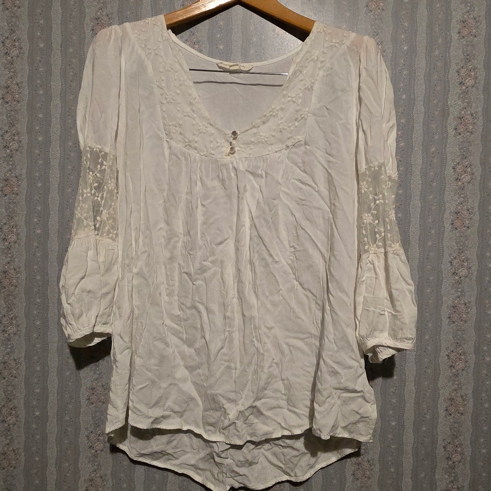 Painted Threads Blouse L Boho Top Womens White Lace V-Neck 3/4 Bell Sleeve Fairy